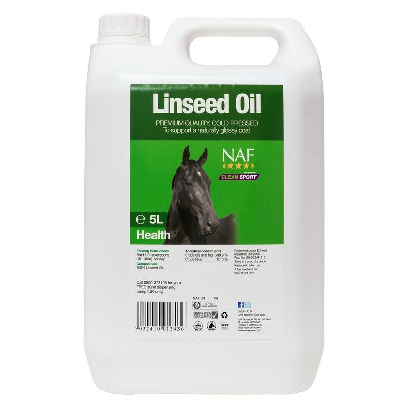 NAF Linseed Oil 5L - Pure Linseed Oil Horse Supplement Omega-3 Coat Health